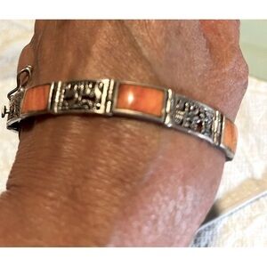 Vintage R950 Sterling Silver Coral filigree bracelet